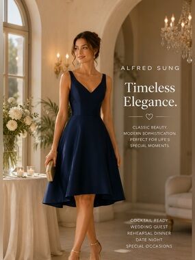 Alfred Sung Navy Cocktail Dress | Timeless Elegance | Wedding Guest SZ 8 NWT